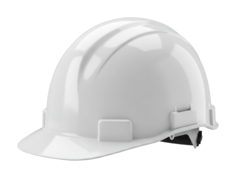 Construction safety event white hard hat in industrial setting focused on workplace safety professional environment. Cut out PNG