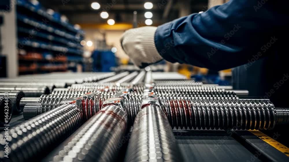 Poster highresolution image of geothermal drill string threads aligned on an industrial conveyor for qualit