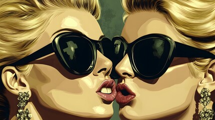Stylish Women Kissing Retro Sunglasses Illustration