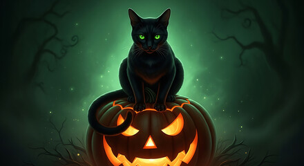Halloween Night: Mysterious Black Cat with Green Eyes on Glowing Jack-o'-Lantern