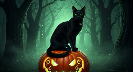 Spooky Black Cat with Green Eyes on Jack-o'-Lantern in Misty Forest. Halloween Night Magic.