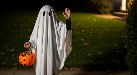 Trick-or-treater in ghost costume waving with pumpkin candy bucket on Halloween night