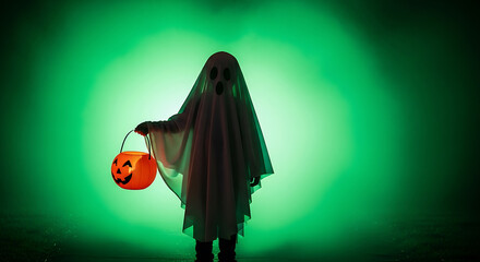 Halloween ghost holding pumpkin bucket in eerie green light