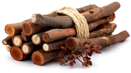 Tied Bundle of Brown Sticks with Dried Flowers on White Background Photography
