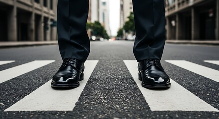 Low Angle View of Polished Black Leather Shoes at Painted Crossroads on Asphalt