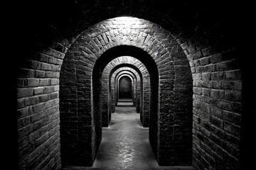 Dark, arched brick tunnels, converging perspective