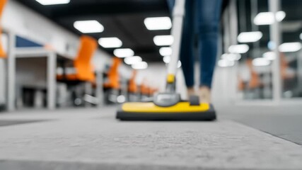 Vacuum cleaner cleaning carpet office modern yellow equipment hygiene floor maintenance, person uses yellow vacuum cleaner to clean carpeted office floor creating clean and organized atmosphere