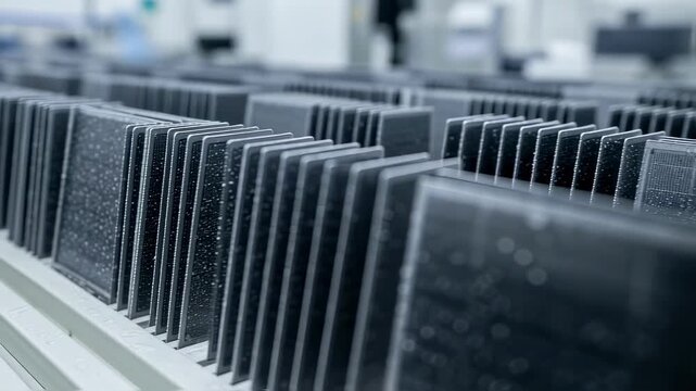 Rows of thin photovoltaic silicon wafers drying after chemical texturing in a semiconductor fabrication bay.