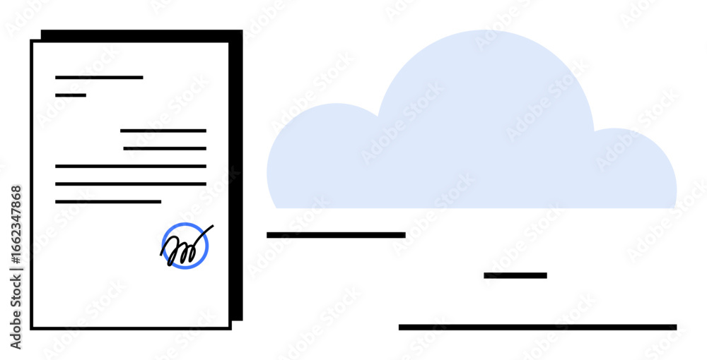 Poster document with signature icon next to cloud, representing digital document signing, online storage, a
