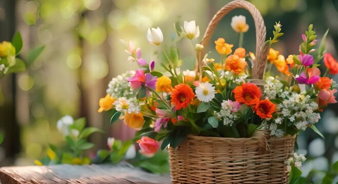 Blue and White Flowers in a Wicker Basket Against a Soft Teal Background