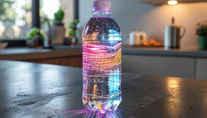 Futuristic water bottle with holographic patterns and glowing cap, ultra realistic.