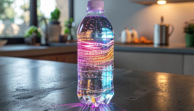 Futuristic water bottle with holographic patterns and glowing cap, ultra realistic.
