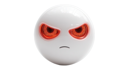 Angry white emoticon with glowing red eyes. Glossy 3D effect