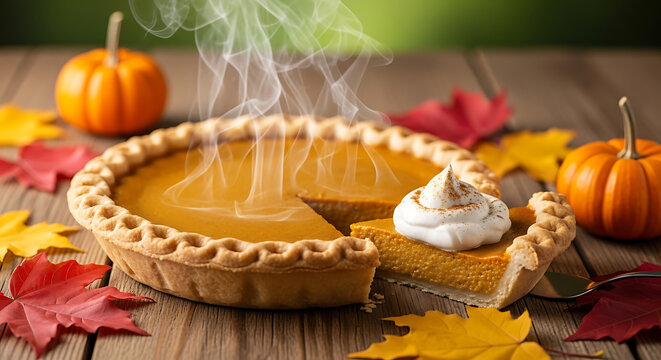 Steaming Pumpkin Pie Slice with Whipped Cream & Cinnamon, Autumn Leaves on Rustic Wooden Table