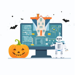 Naklejka premium AI-inspired Halloween vector illustration featuring robot pumpkin, hologram ghost, digital witch, and smart haunted house with glowing circuits in a clean futuristic style. 