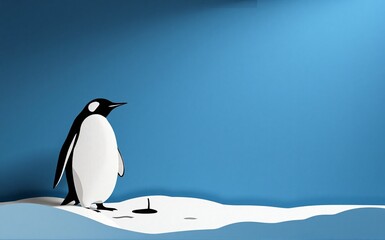 Fototapeta premium Charming paper cut art of a penguin standing on icy ground against a serene blue background.