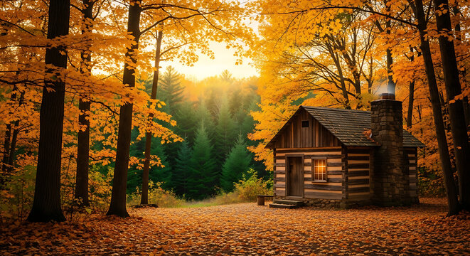 Cozy Log Cabin in Golden Autumn Forest with Sunlight and Fallen Leaves - Powered by Adobe