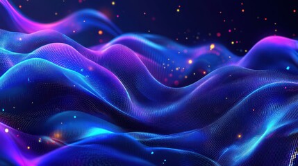Abstract digital waves of vibrant blue, purple, and pink glowing particles