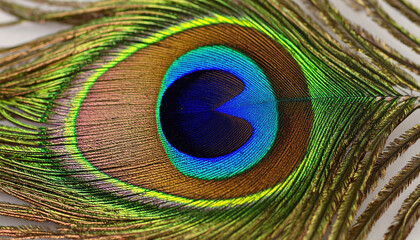 Obraz premium Close up of vibrant peacock feather showcasing iridescent colors and intricate details, highlighting natural beauty and delicate structure of feather