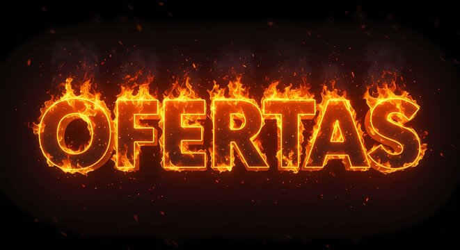 Letreiro 3D &ldquo;OFERTAS&rdquo; em fogo ardente, letras em chamas com fa&iacute;scas e fundo preto intenso para efeito dram&aacute;tico