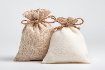 Two Burlap Sacks One Empty, One Full of Sugar Crystals with Twine Ties