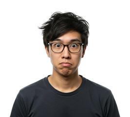 Fototapeta premium Surprised reaction of a young man studio portrait neutral human emotions. Cut out PNG
