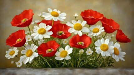 Fototapeta premium Vibrant Red Poppies and White Daisies Floral Painting