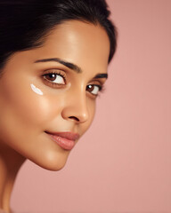 Fototapeta premium indian woman with kohl-lined eyes and skincare closeup on pastel background