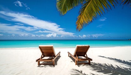 Tropical beach scene with lounge chairs