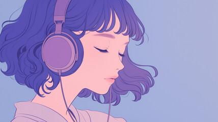 部屋でリラックスするアニメ風の女性がヘッドフォンをして音楽を楽しんでいるイラスト。音楽鑑賞、趣味、リラックス、プライベート時間を象徴するシーンで、背景素材やポップカルチャーの雰囲気を伝えるデザイン。