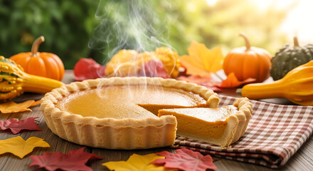 Steaming pumpkin pie with a slice, vibrant autumn leaves, and decorative gourds on a rustic wooden table, perfect for the fall season.