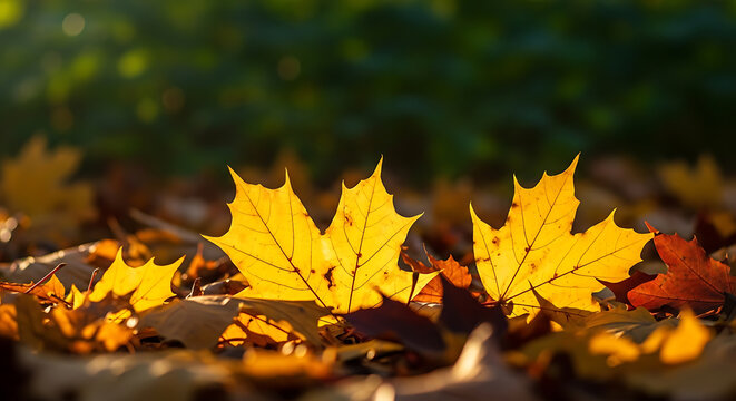 Vibrant golden maple leaves scattered on the ground, glowing in warm autumn sunlight. - Powered by Adobe