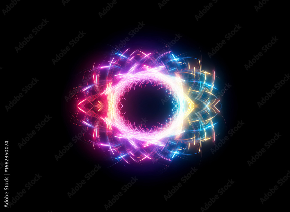 Poster abstract luminous circle of vibrant neon fractal patterns creating a mesmerizing glow on a stark bla