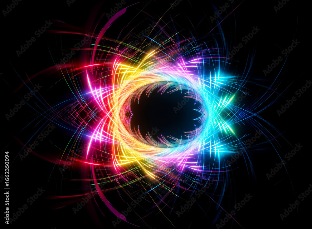 Aufkleber vibrant light streams converge in a circular burst against a stark black background, creating an abs