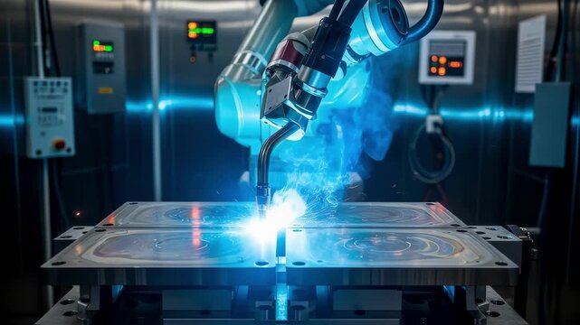 Highprecision robotic welding process joining refractory metal plasmafacing tiles in a controlled environment for nuclear fusion reactors.