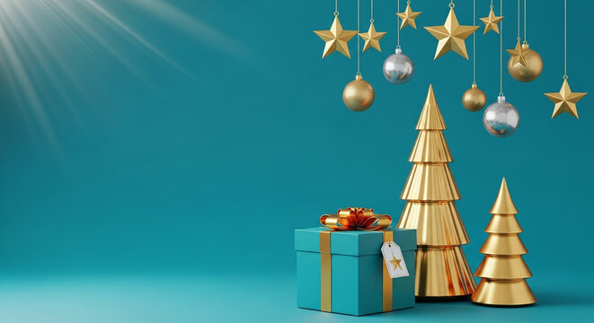 Elegant Christmas composition with gold Christmas trees and ornaments and a wrapped gift box on teal background for seasonal greetings and holiday themes