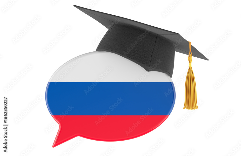 Poster russian language learning speech bubble with graduation cap. 3d rendering