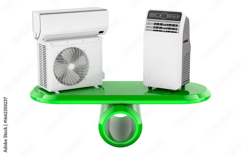 Poster split system or portable air conditioner on balance scale, concept of cooling choice and energy effi