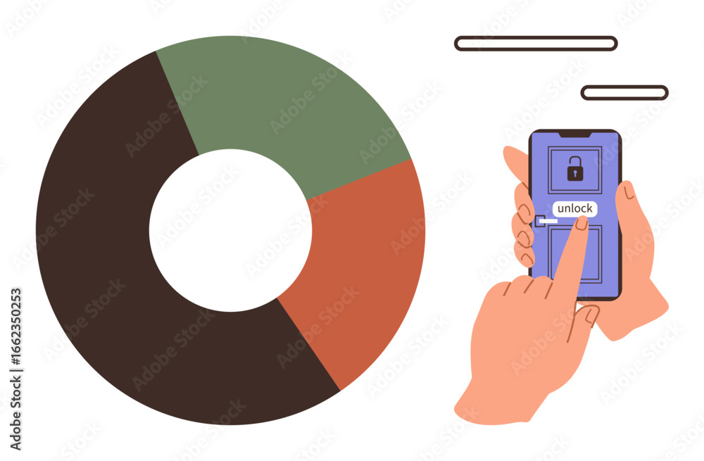 Poster hand using smartphone to unlock screen via touch on lock icon, beside a segmented pie chart. ideal f