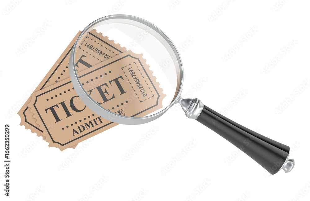 Poster tickets with magnifying glass. 3d rendering