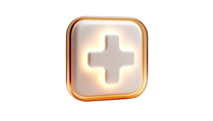 Illuminated white plus sign in gold square frame