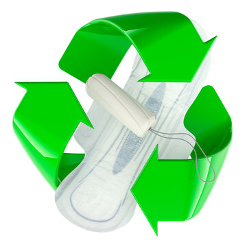 Recycle symbol with sanitary pad and tampon. 3D rendering