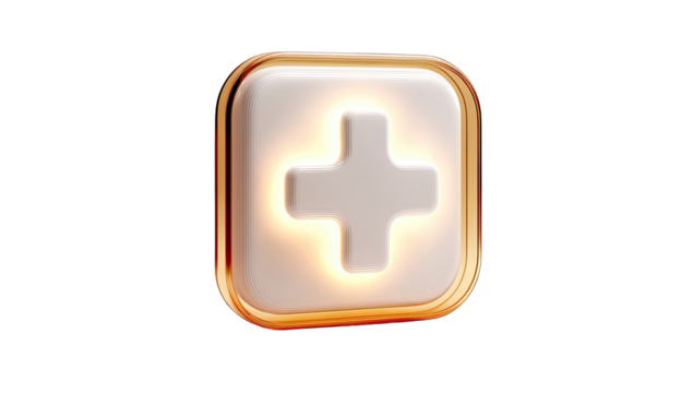 Illuminated white plus sign in gold square frame