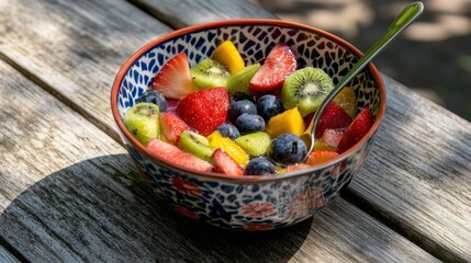 Colorful fruit salad in a decorative bowl on a wooden table outdoors