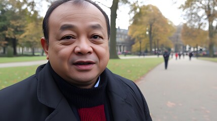 Portrait of a middle-aged Asian man in a park