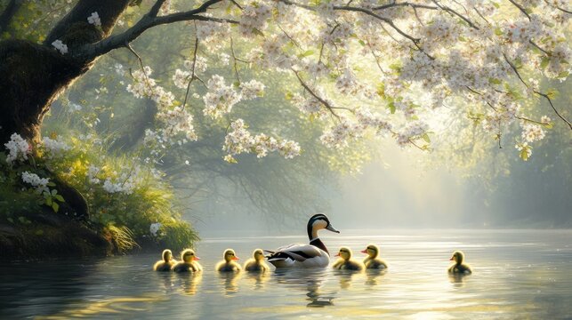 Mother duck and ducklings in a serene spring river scene beneath a blossoming cherry tree