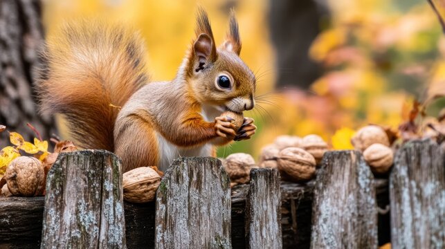Red squirrel eating a nut on a rustic wooden fence amidst autumn leaves