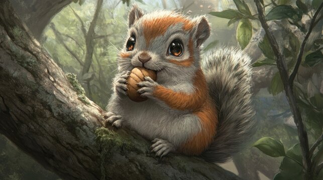 Cute squirrel feasting on nut in forest