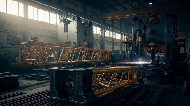Industrial environment of a highrise tower crane fabrication plant featuring heavyduty presses and metalcutting machinery.