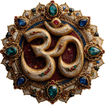 Indian Hinduism religious symbol golden text Om, aum, or oim meaning adoration to Hindu god, decorated with emerald, sapphire, ruby, jewels, ornate, gold thread, cutout in transparent background, png